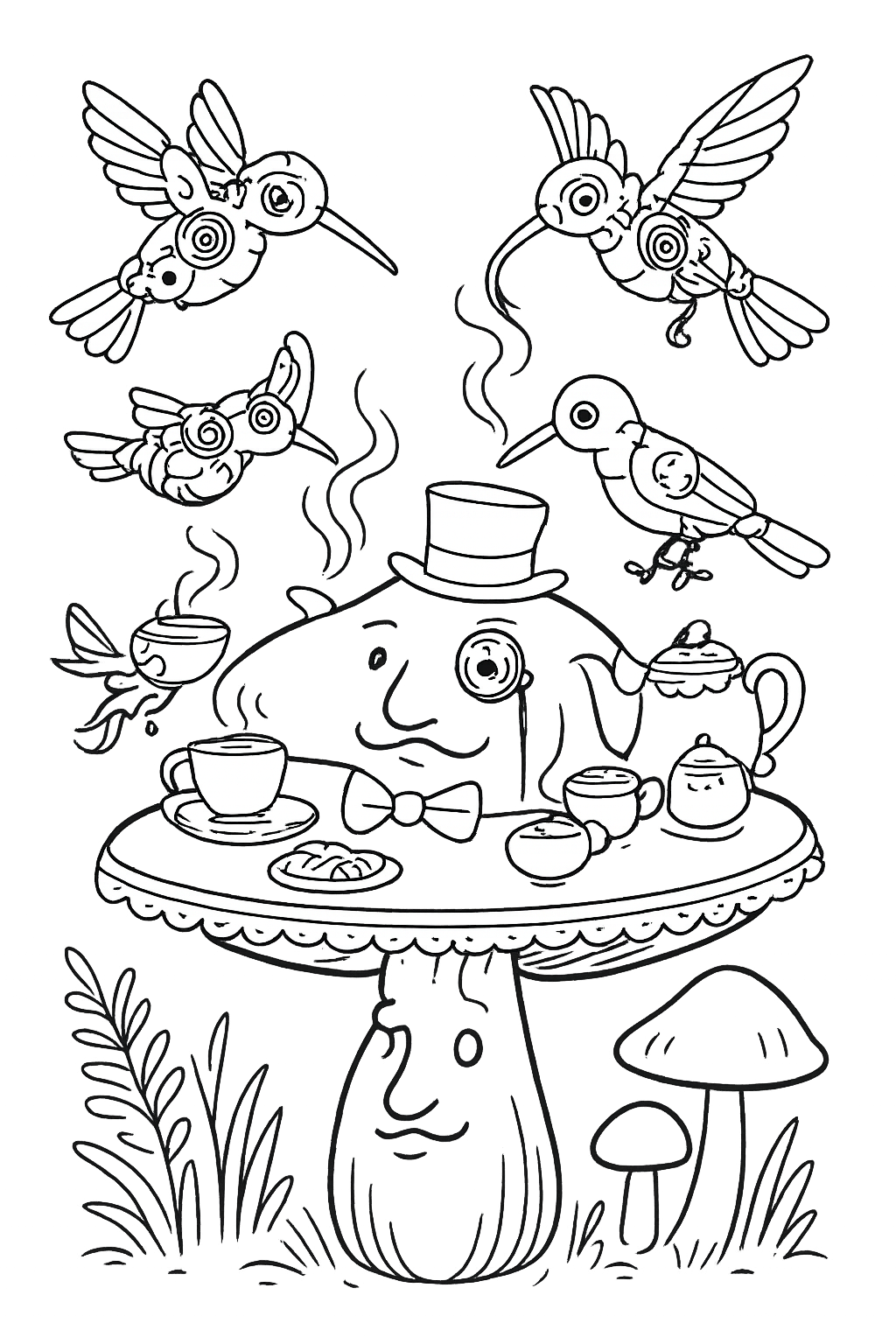 Victorian mushroom hosting tea for clockwork hummingbirds