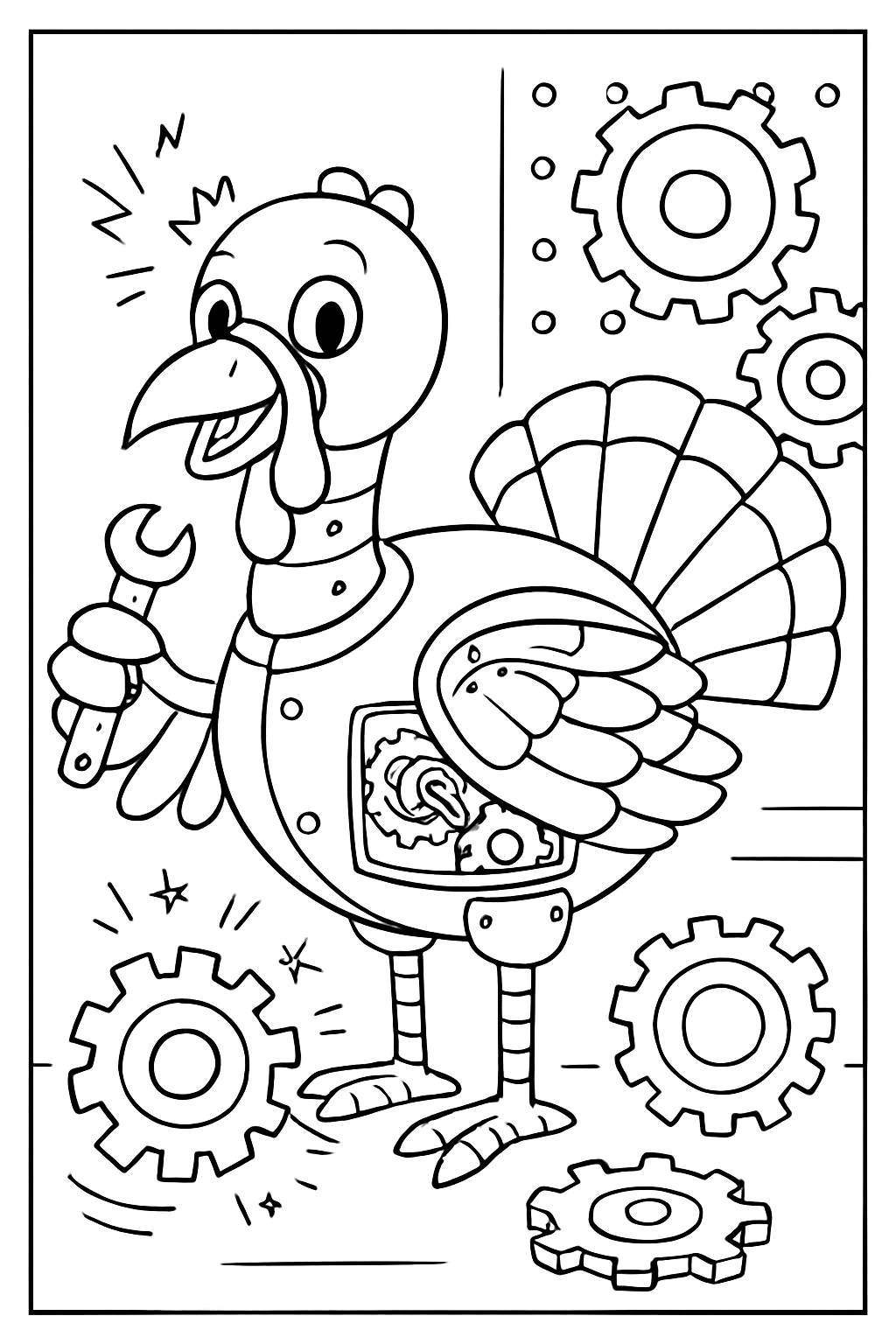clockwork turkey tinkering with whirring brass gears