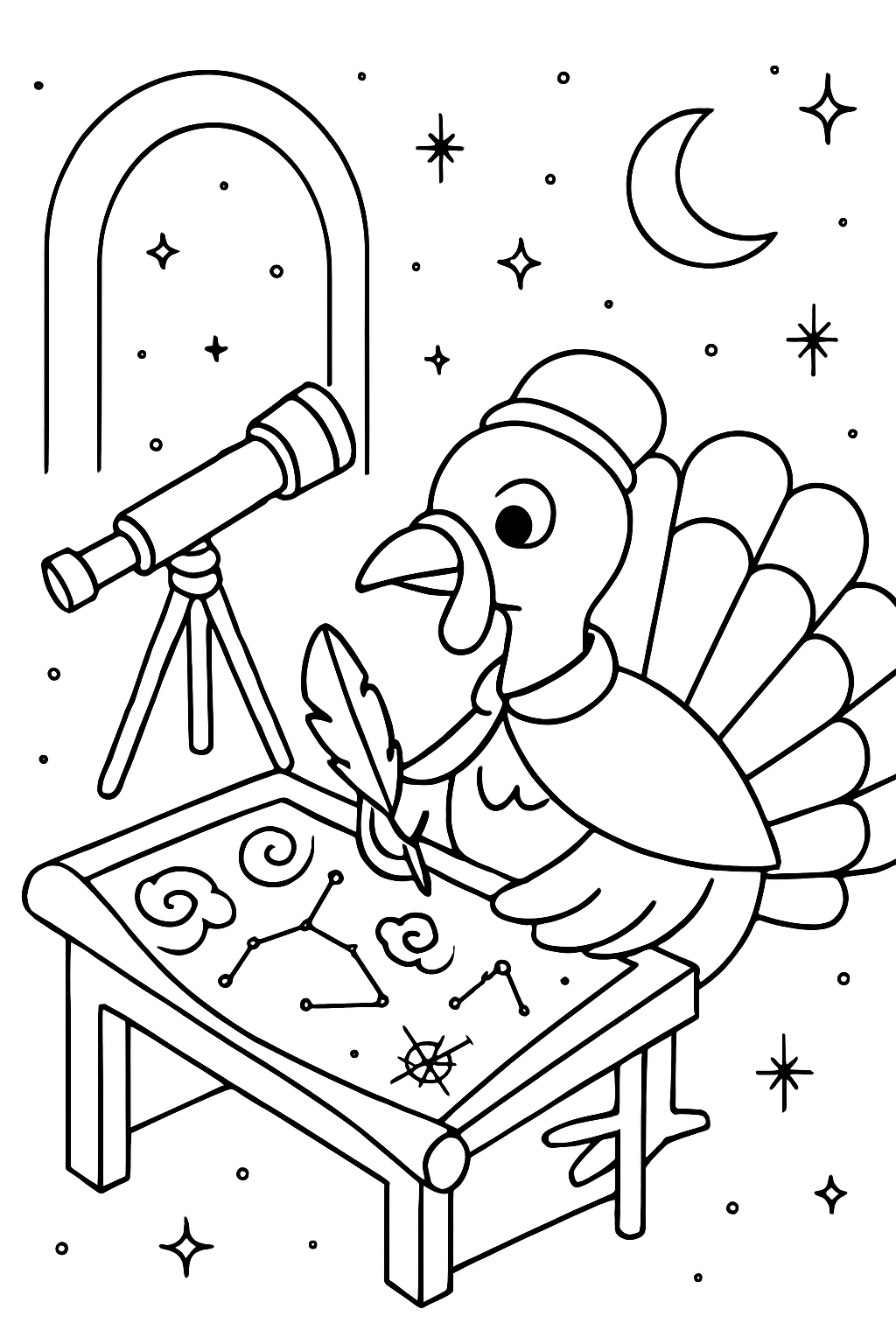 astronomer turkey charting nebulae on starry parchment