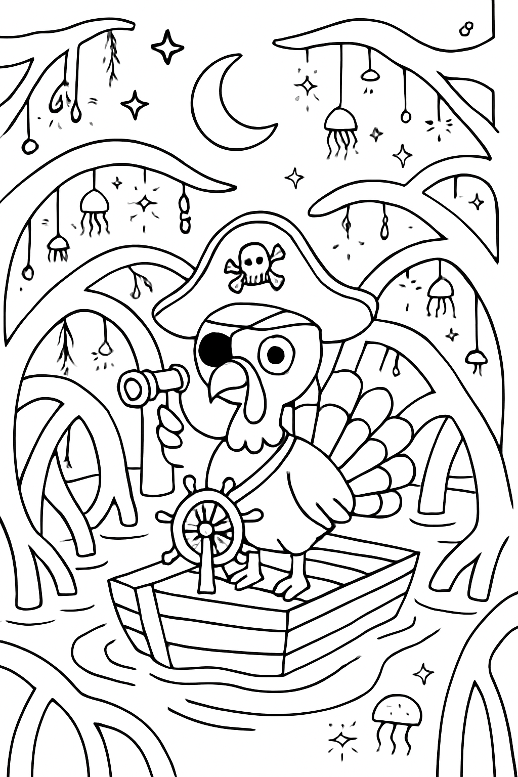 pirate turkey navigating bioluminescent mangrove maze