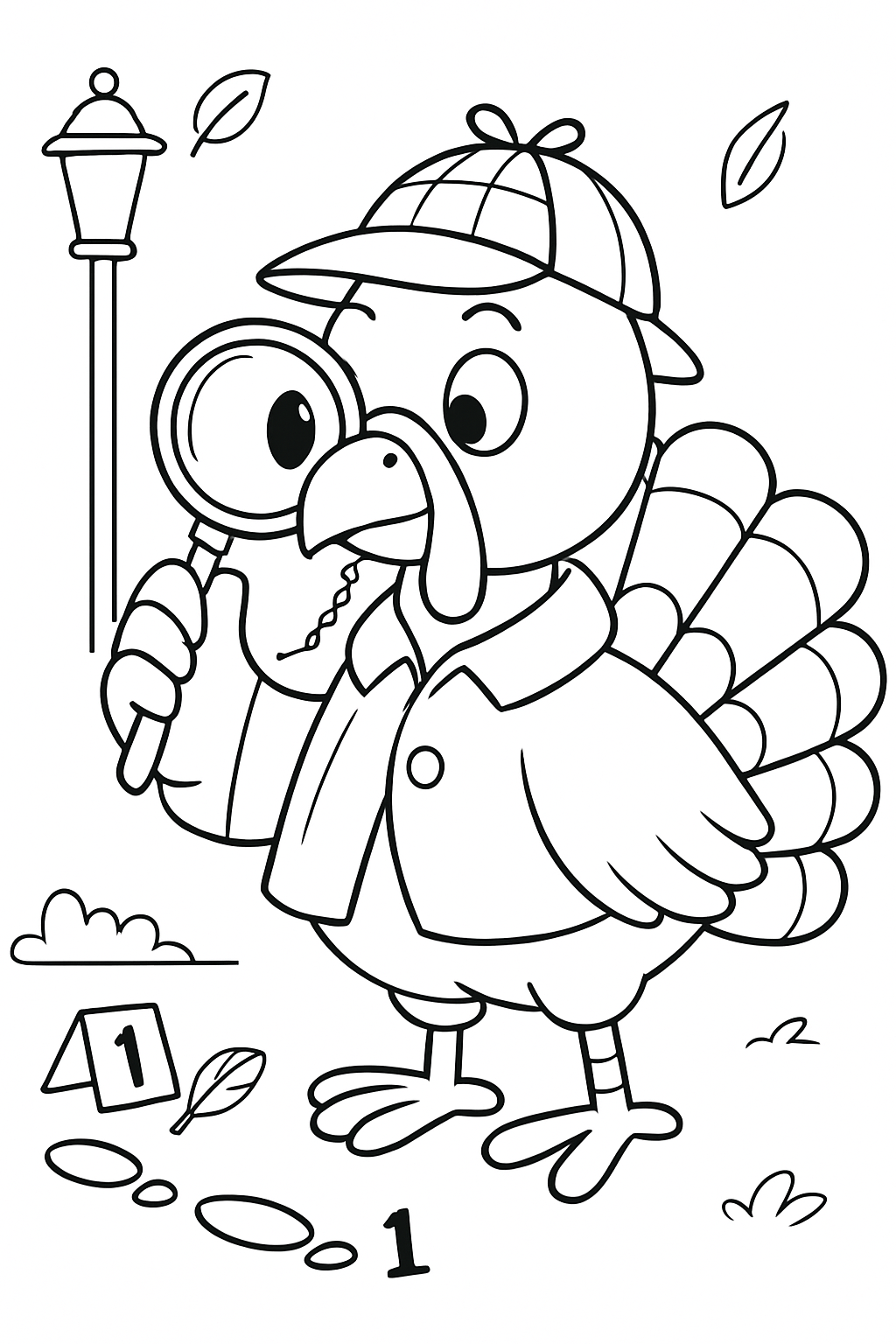 detective turkey examining clues with magnifying monocle