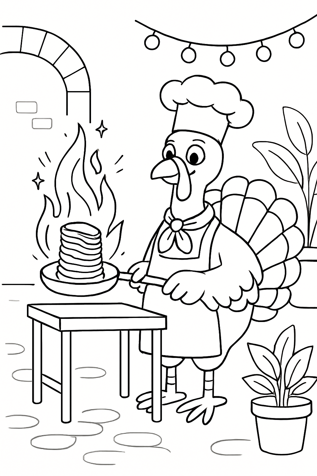 chef turkey flambéing rainbow crepes in courtyard