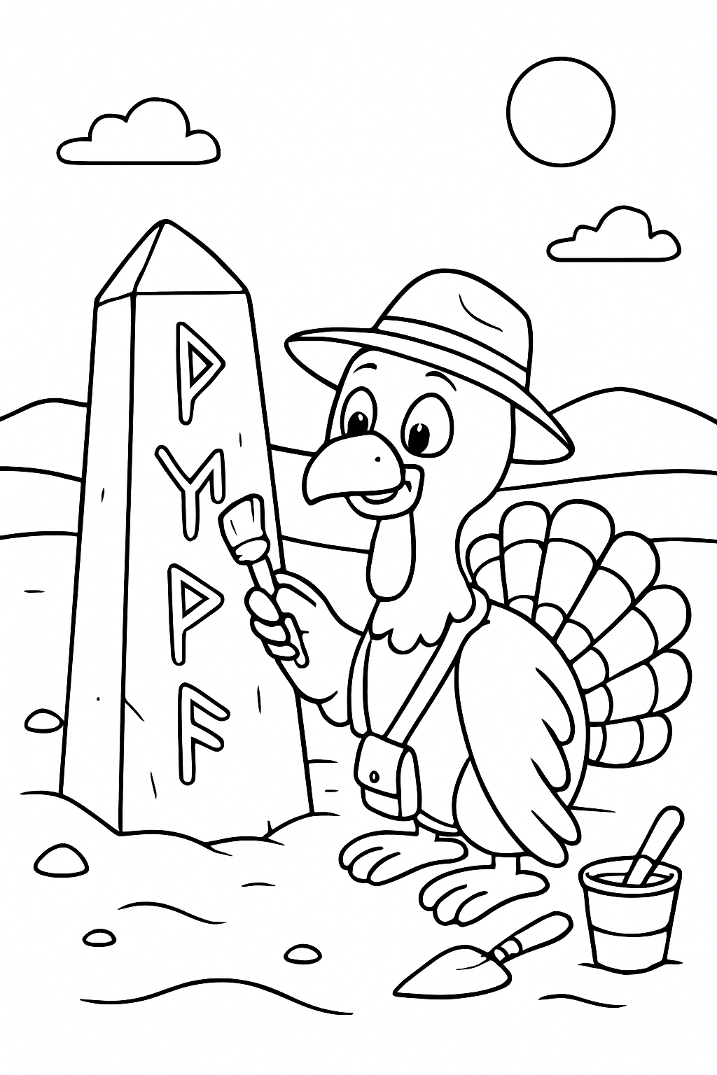 archaeologist turkey brushing runes on desert obelisk