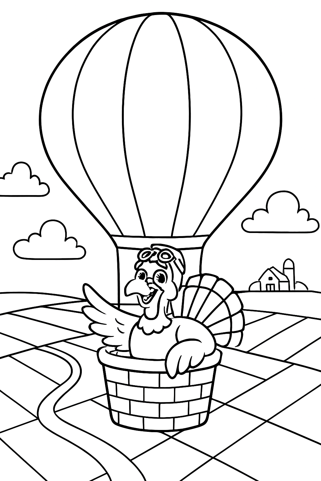 balloonist turkey drifting above patchwork farmlands