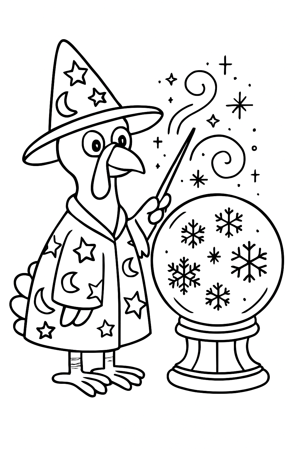 wizardly turkey summoning snowflakes inside crystal globe