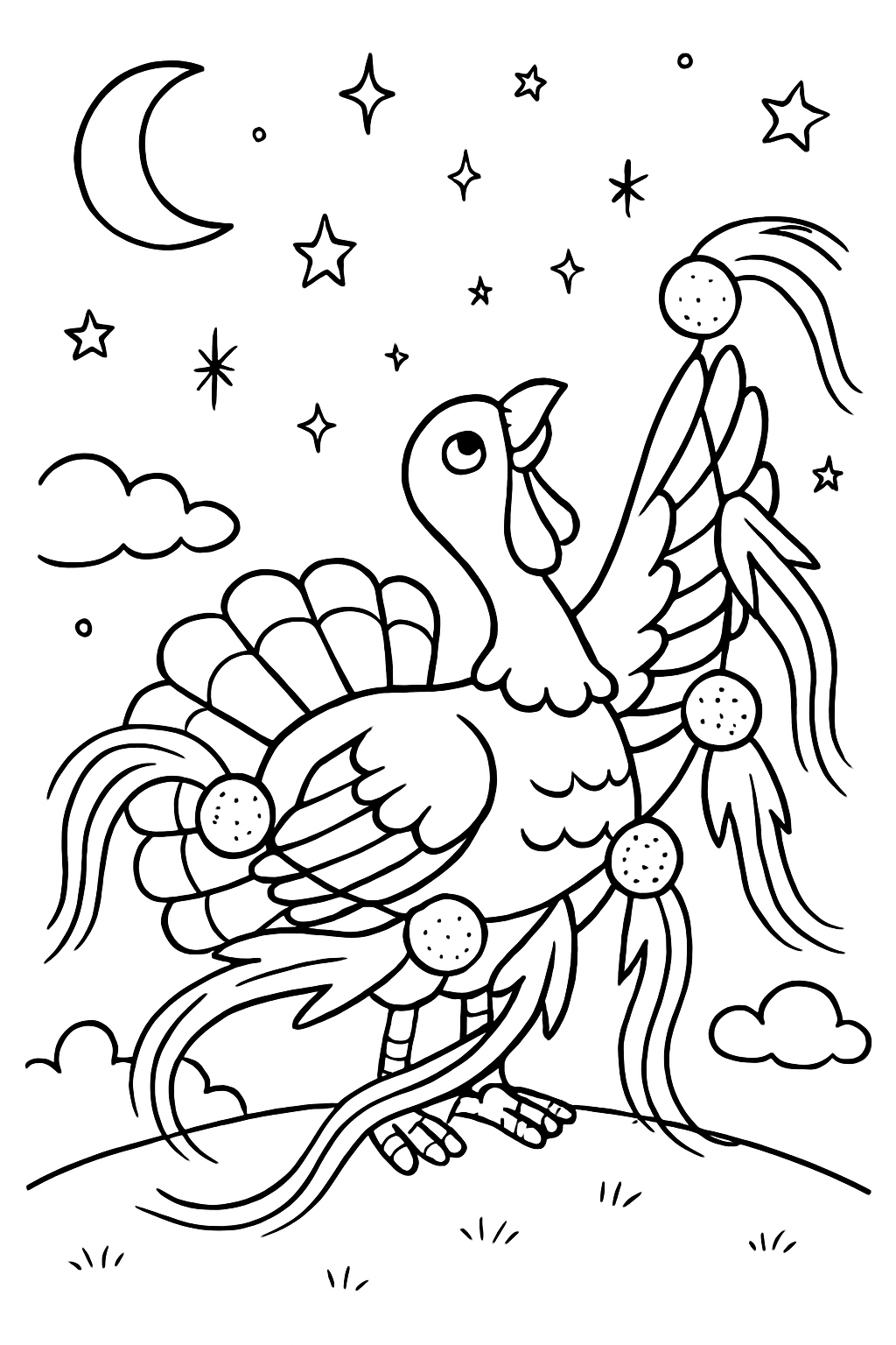 stargazing turkey weaving comets into feathered garland