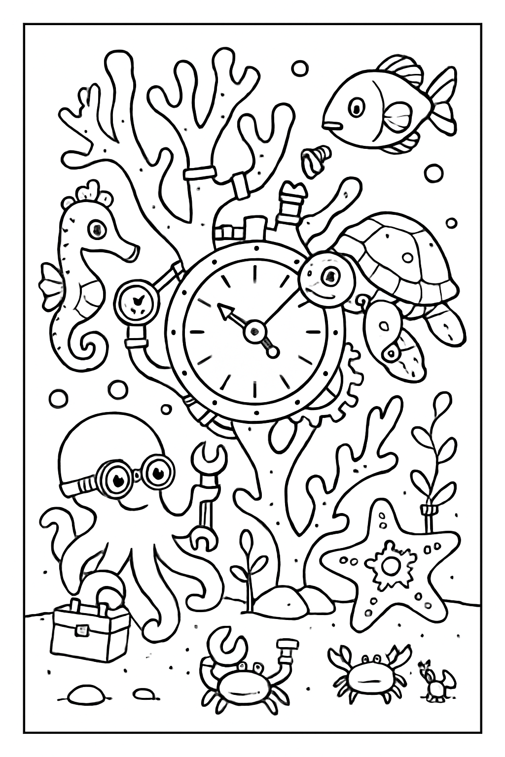 steampunk sea animals repairing coral clockwork