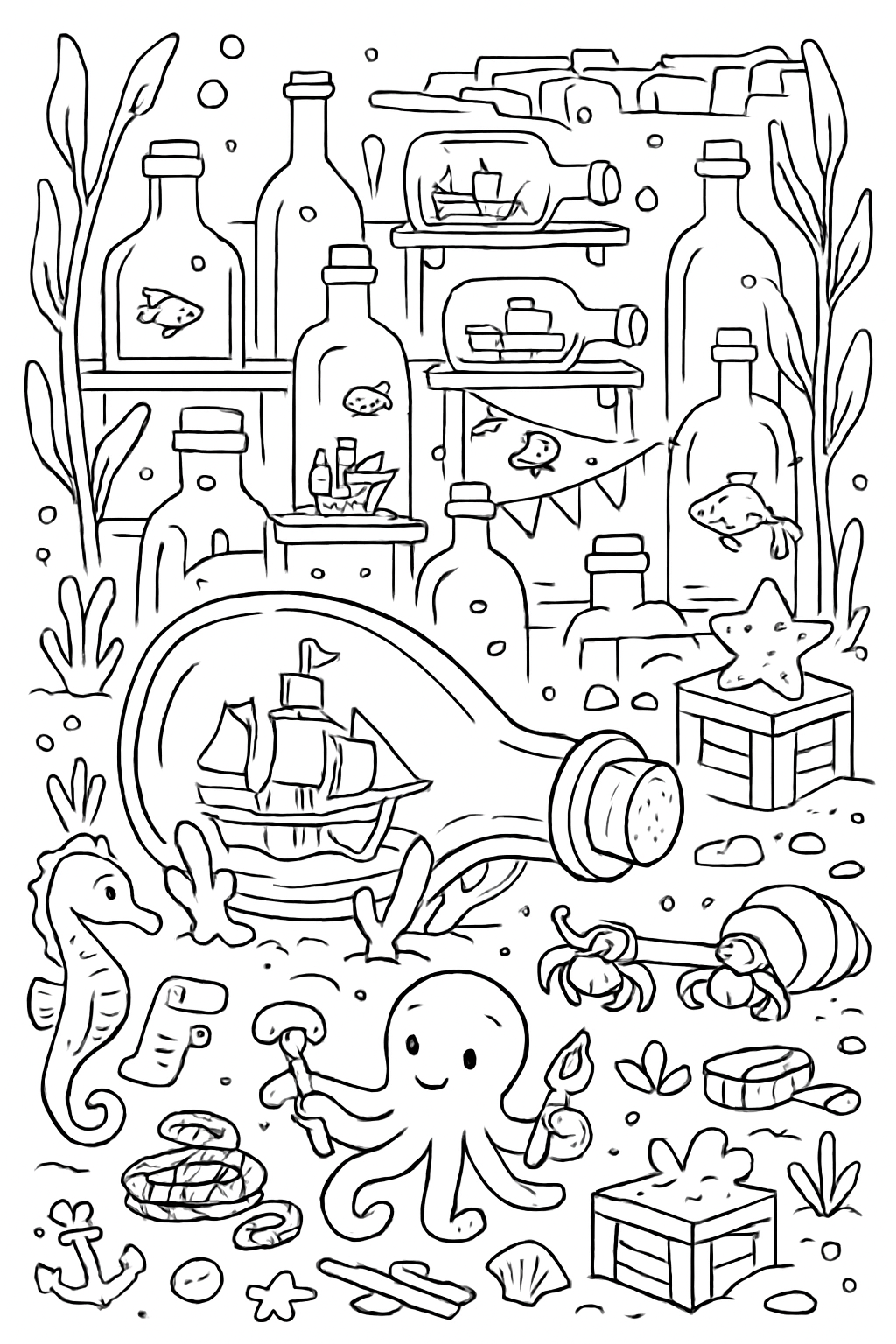 miniature sea animals exploring bottle shipyards