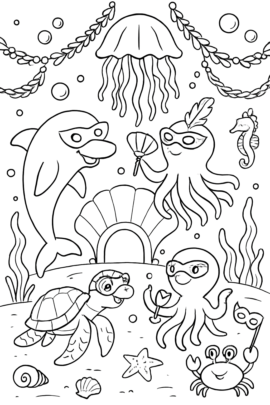 masked sea animals attending underwater masquerade ball