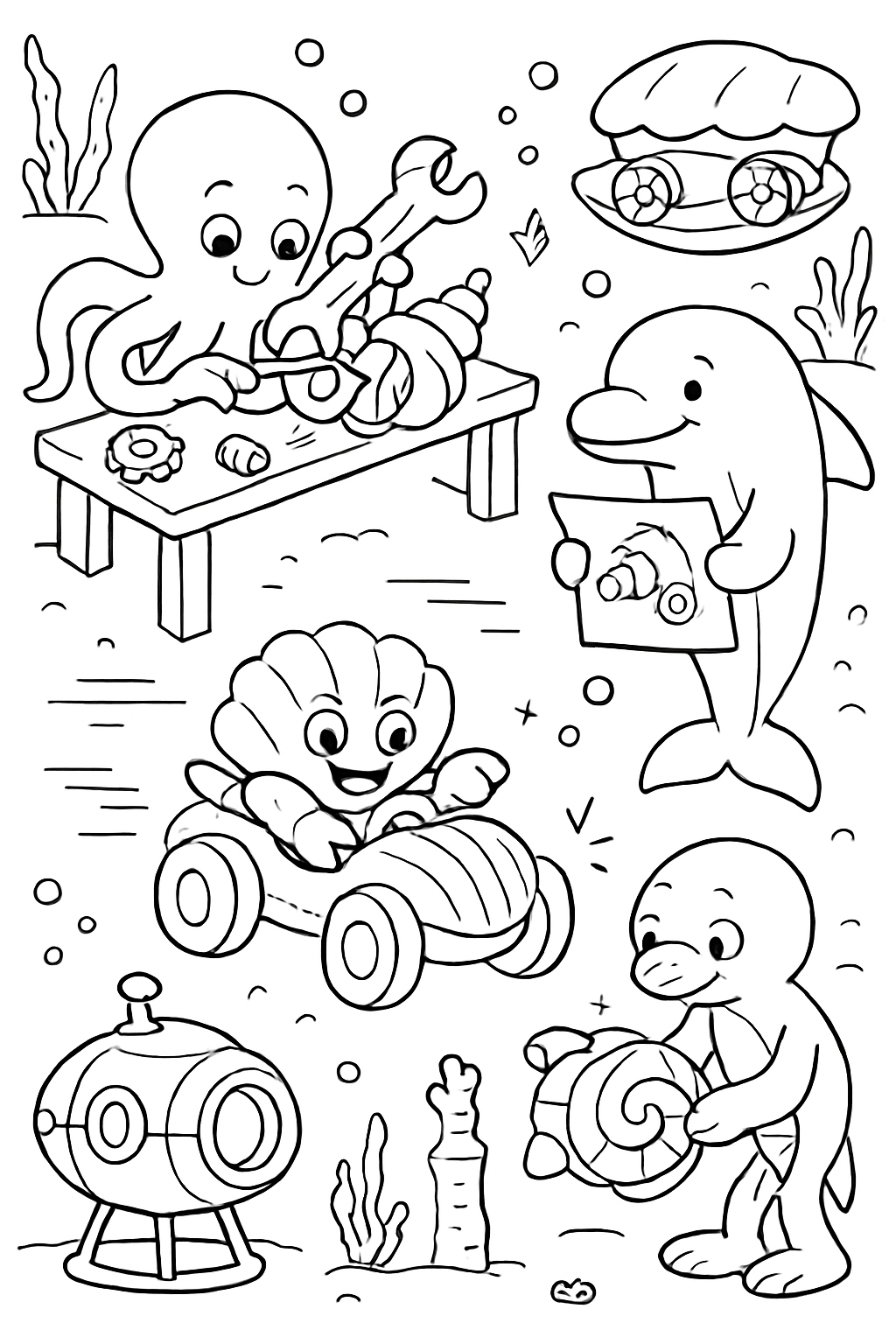 inventive sea animals crafting shell-powered vehicles