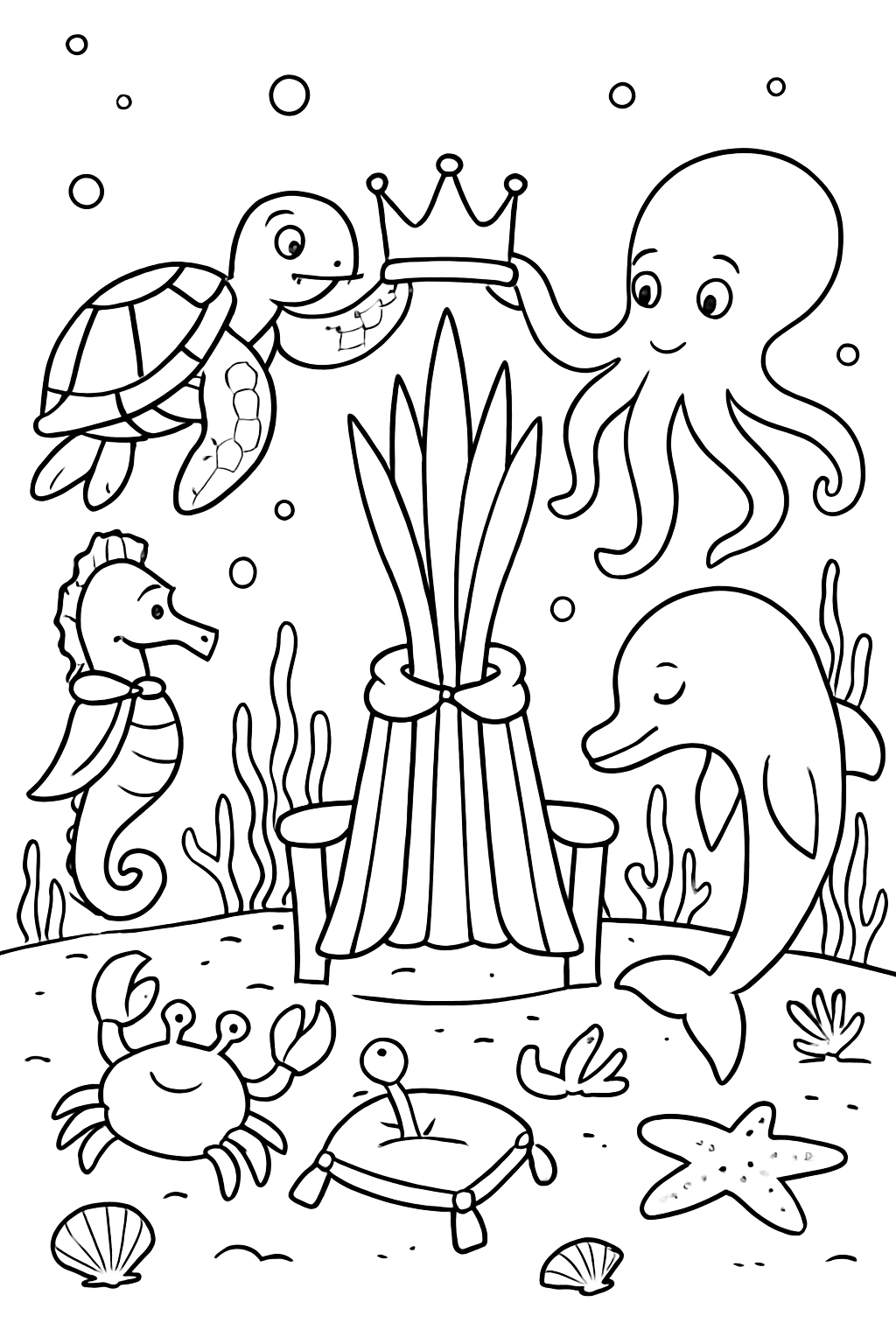 royal sea animals crowning a seagrass king