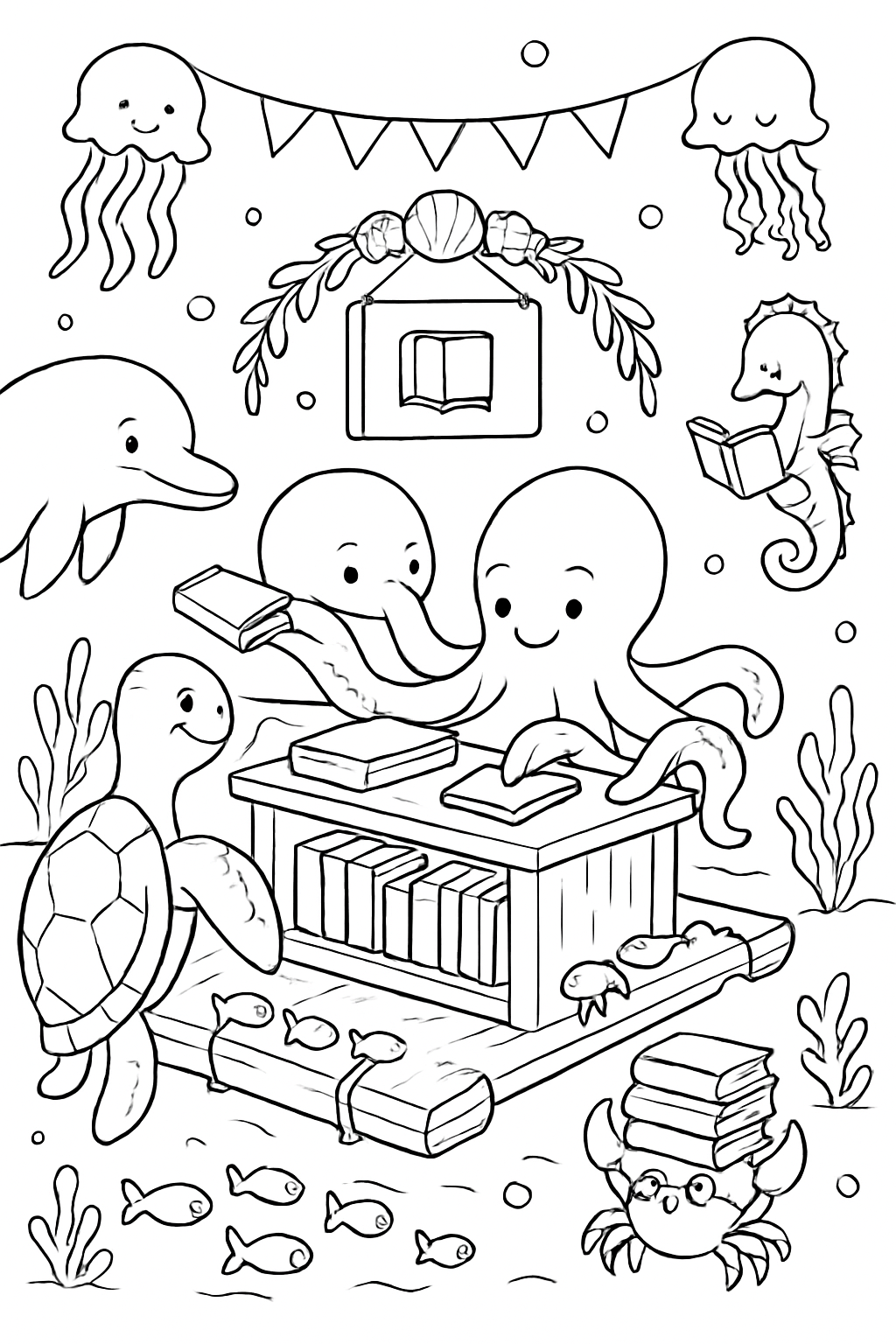 curious sea animals opening a drifting library