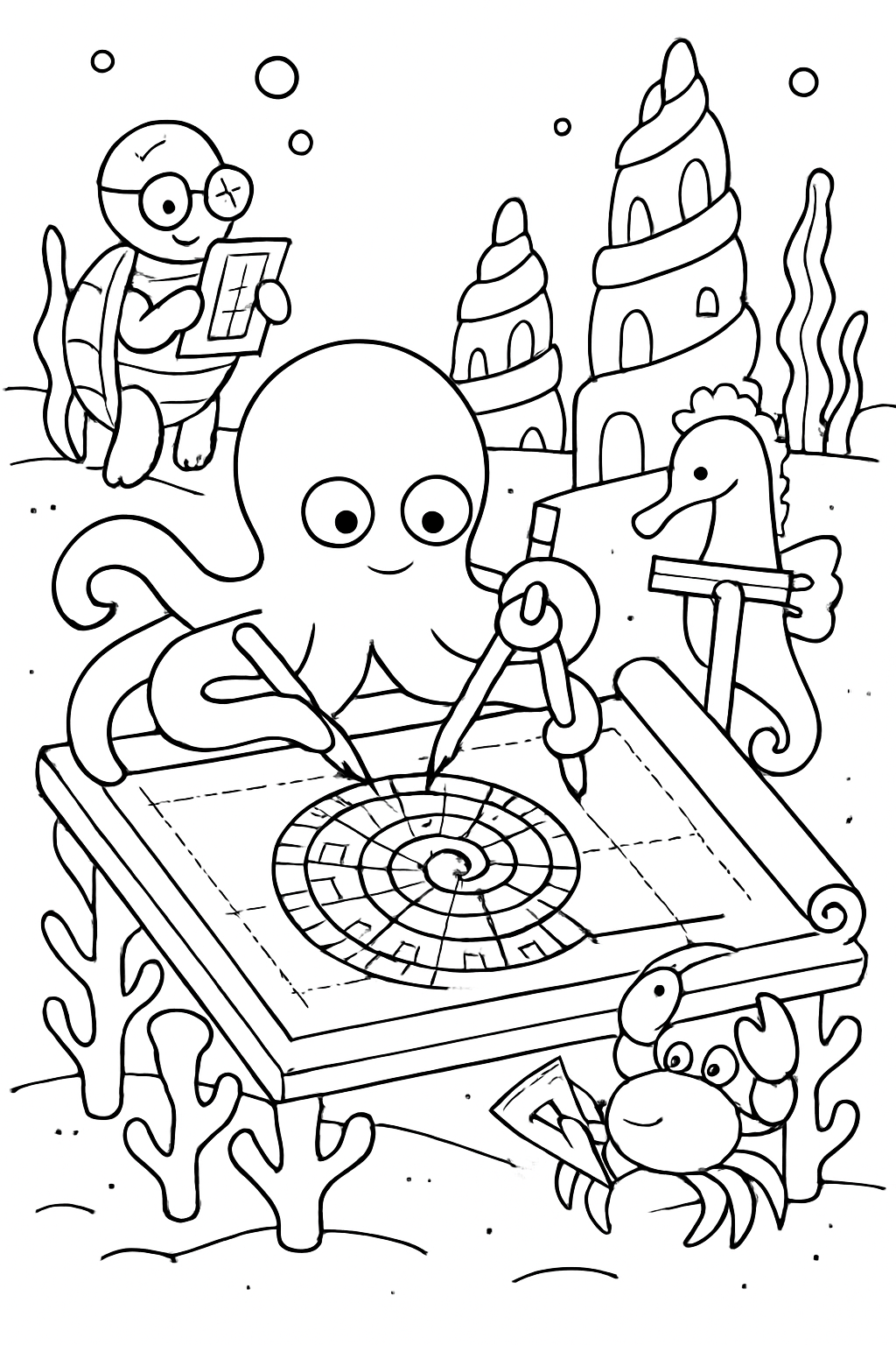 architectural sea animals blueprinting spiral coral cities