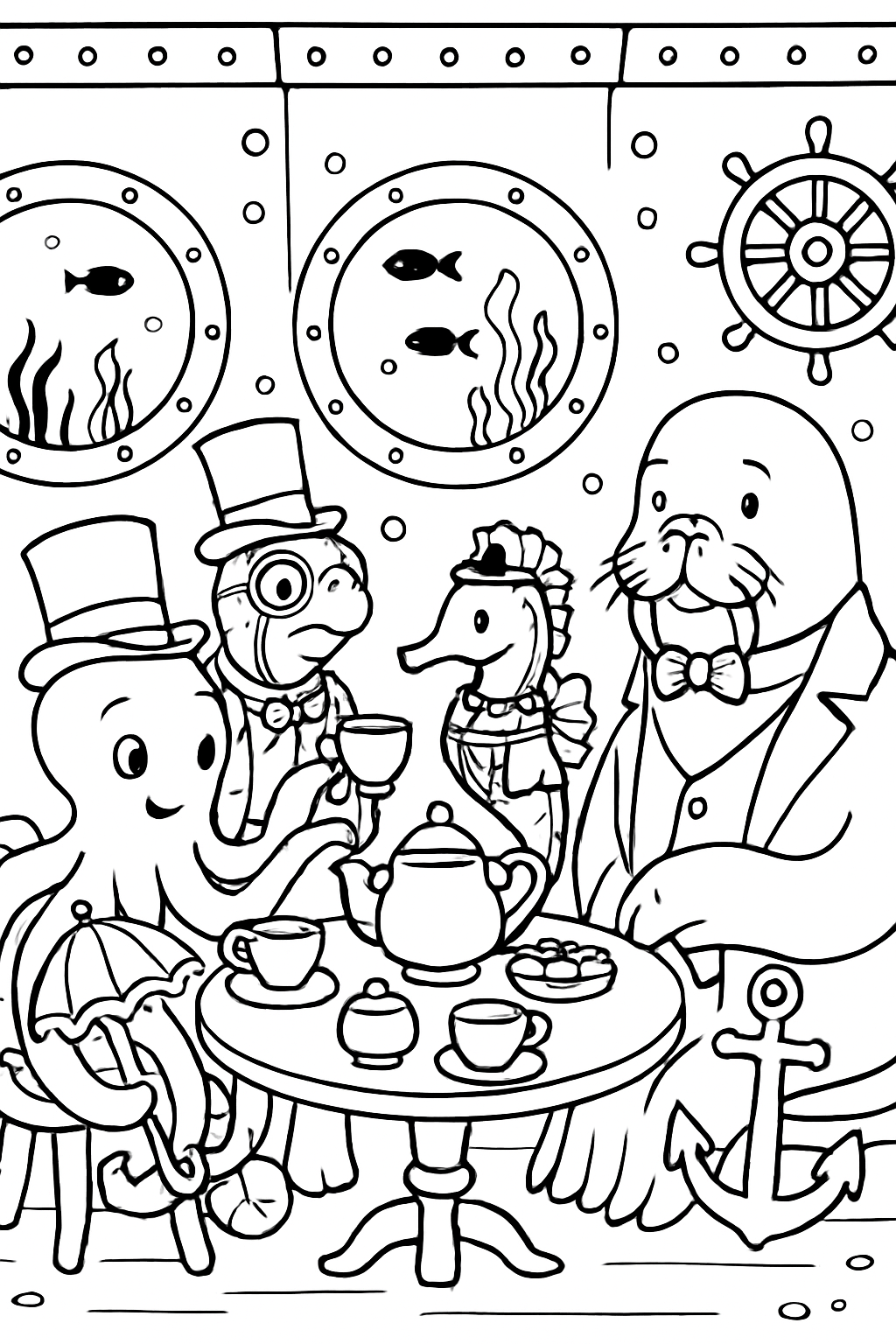victorian sea animals hosting tea on submarine