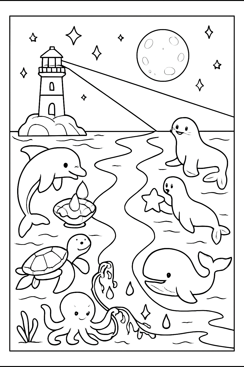 heroic sea animals rescuing moonlit lighthouse reflections