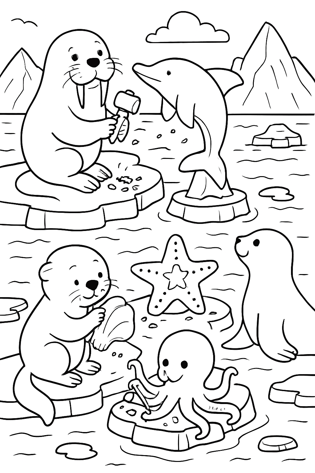 artful sea animals chiseling icebergs into sculptures