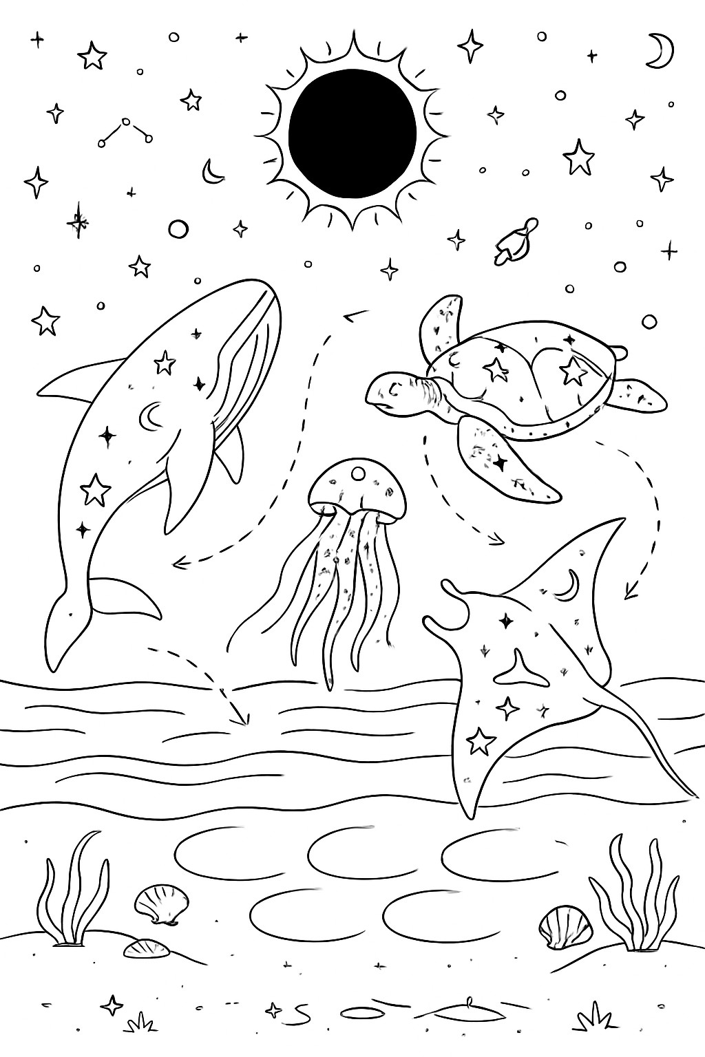 celestial sea animals rehearsing eclipse shadow dances