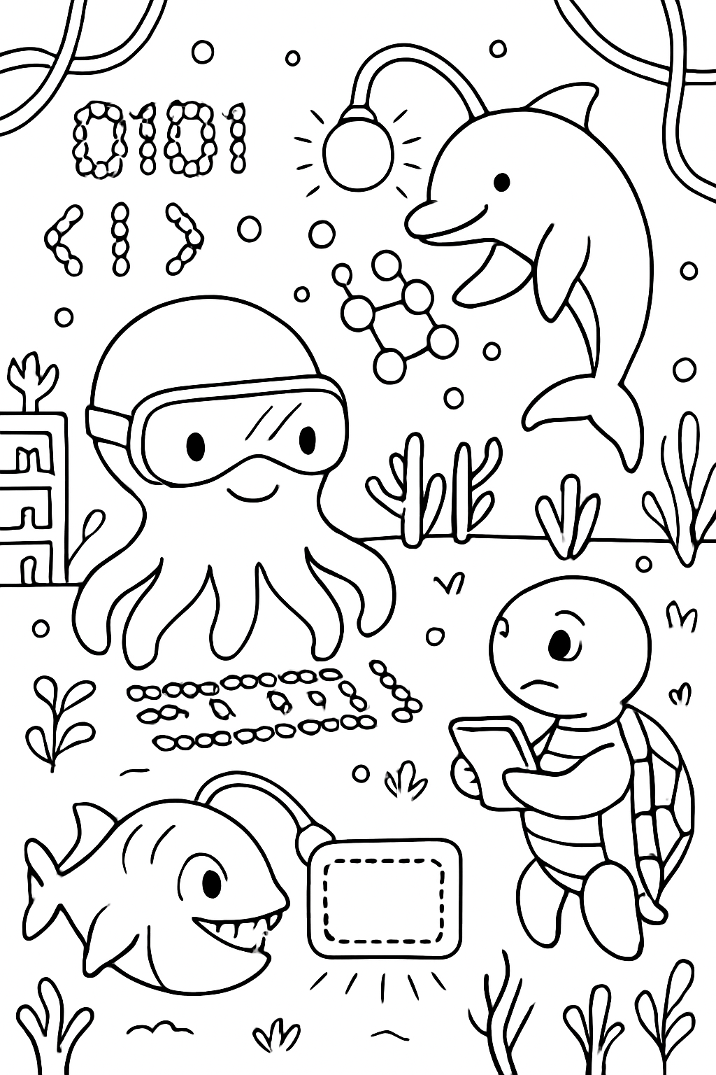 futuristic sea animals coding with bioluminescent algae