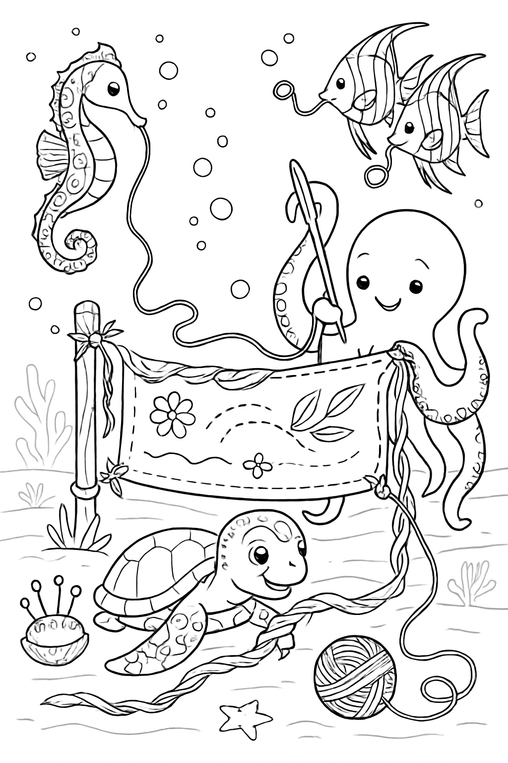 ornate sea animals embroidering banners from seaweed