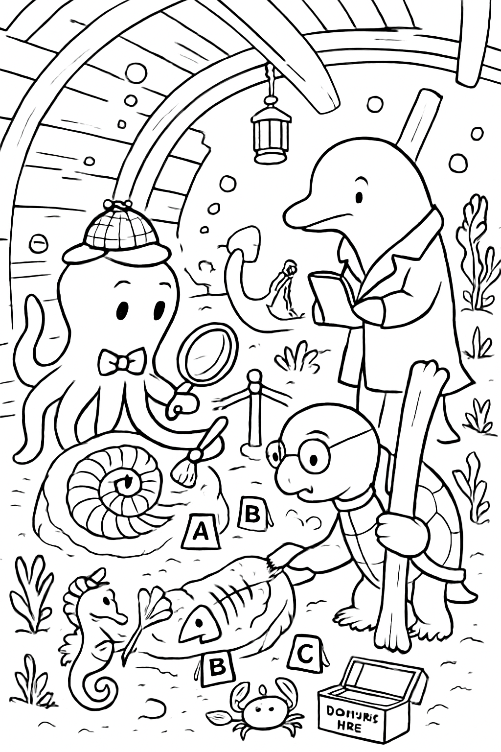 detective sea animals dusting fossils in shipwreck