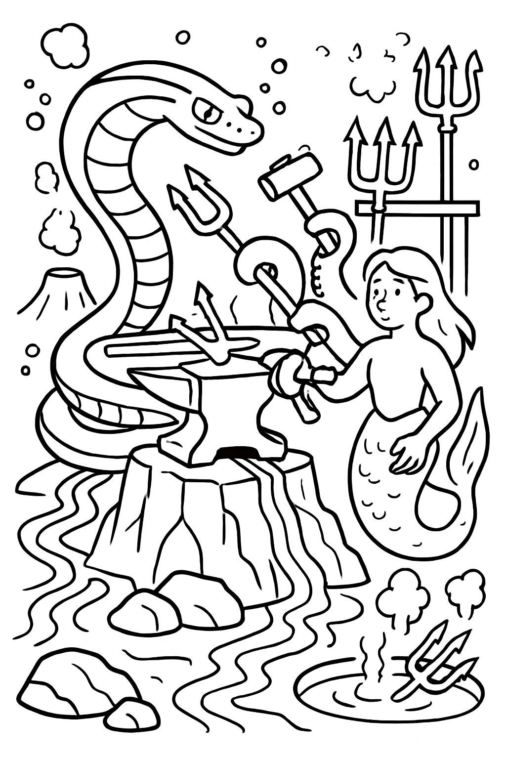 mythic sea animals forging tridents in lava flows