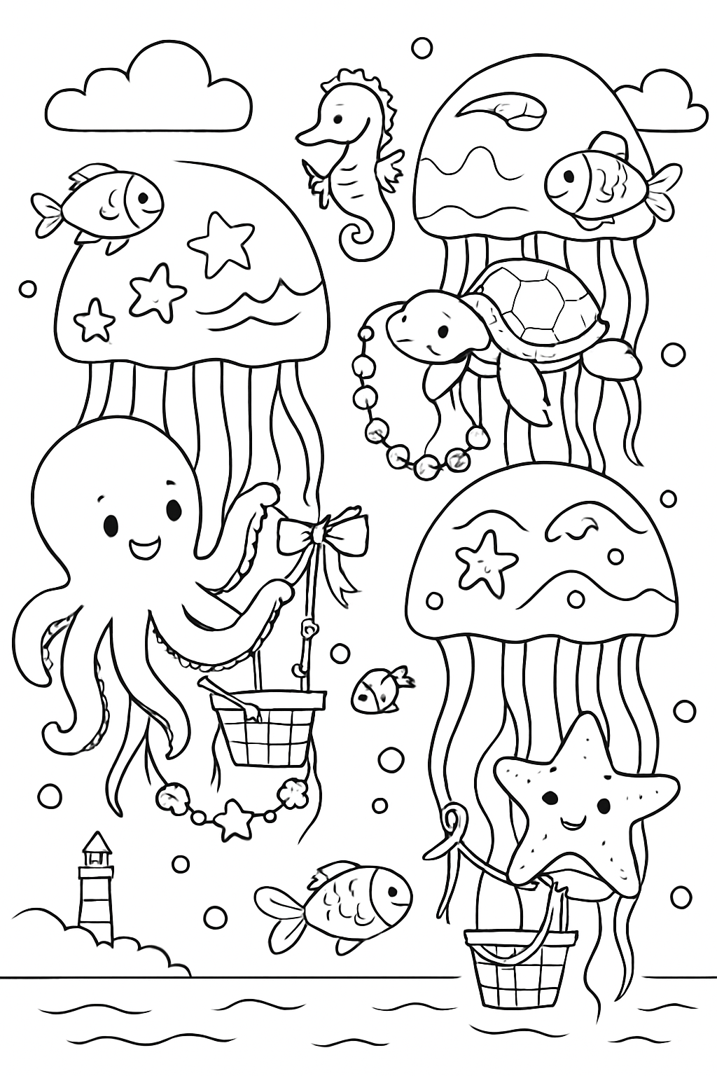 whimsical sea animals decorating jellyfish hot air balloons