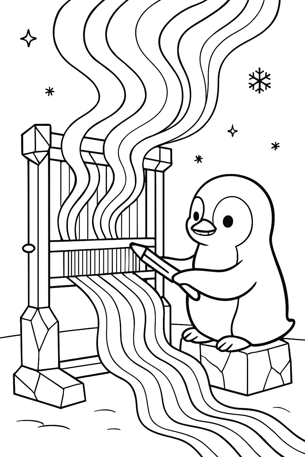 penguin weaving aurora tapestries on frozen loom