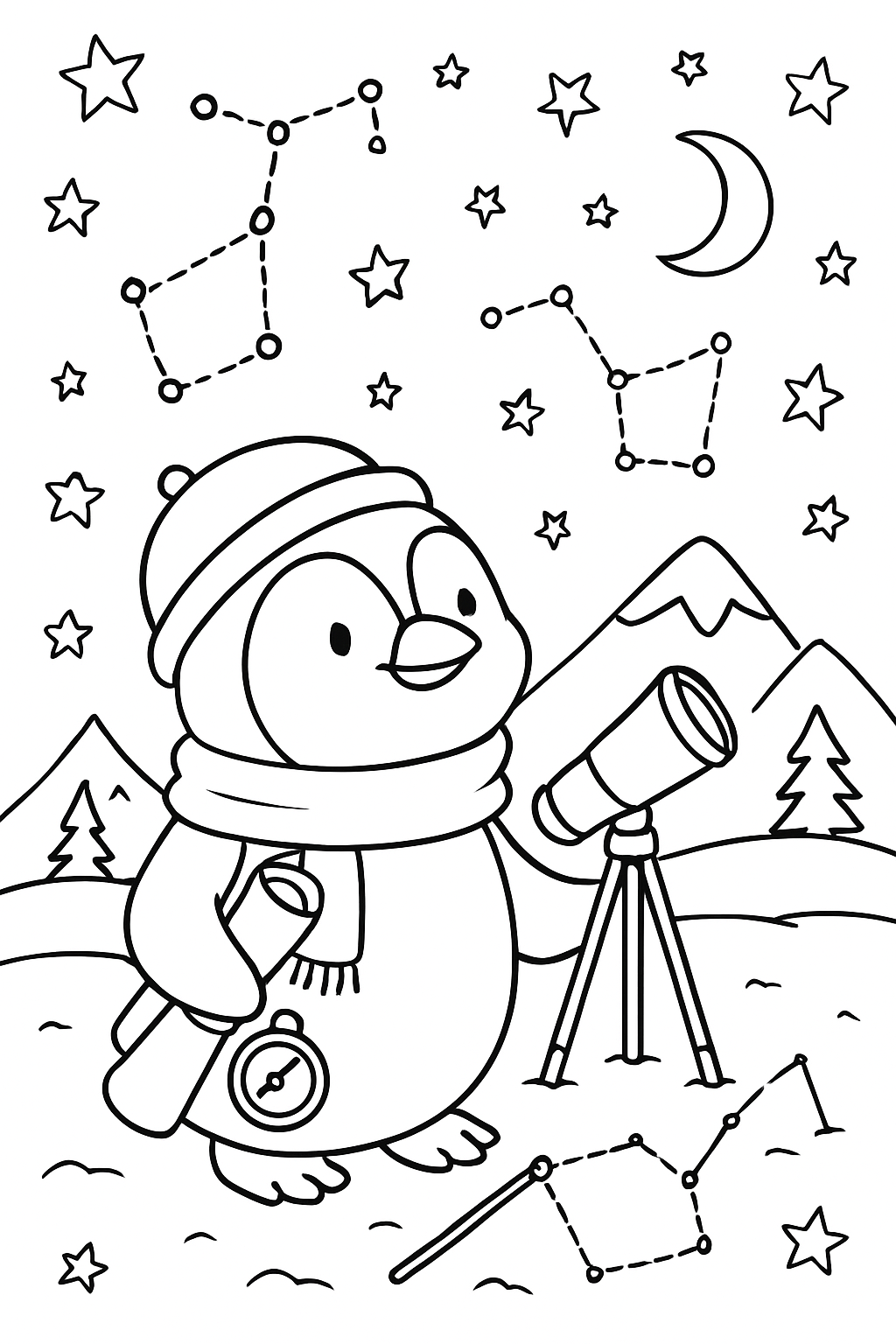 alpine cartographer penguin mapping constellations on snow