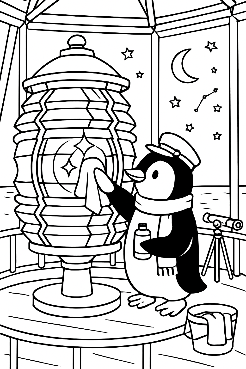 stargazing lighthouse keeper penguin polishing prism lens