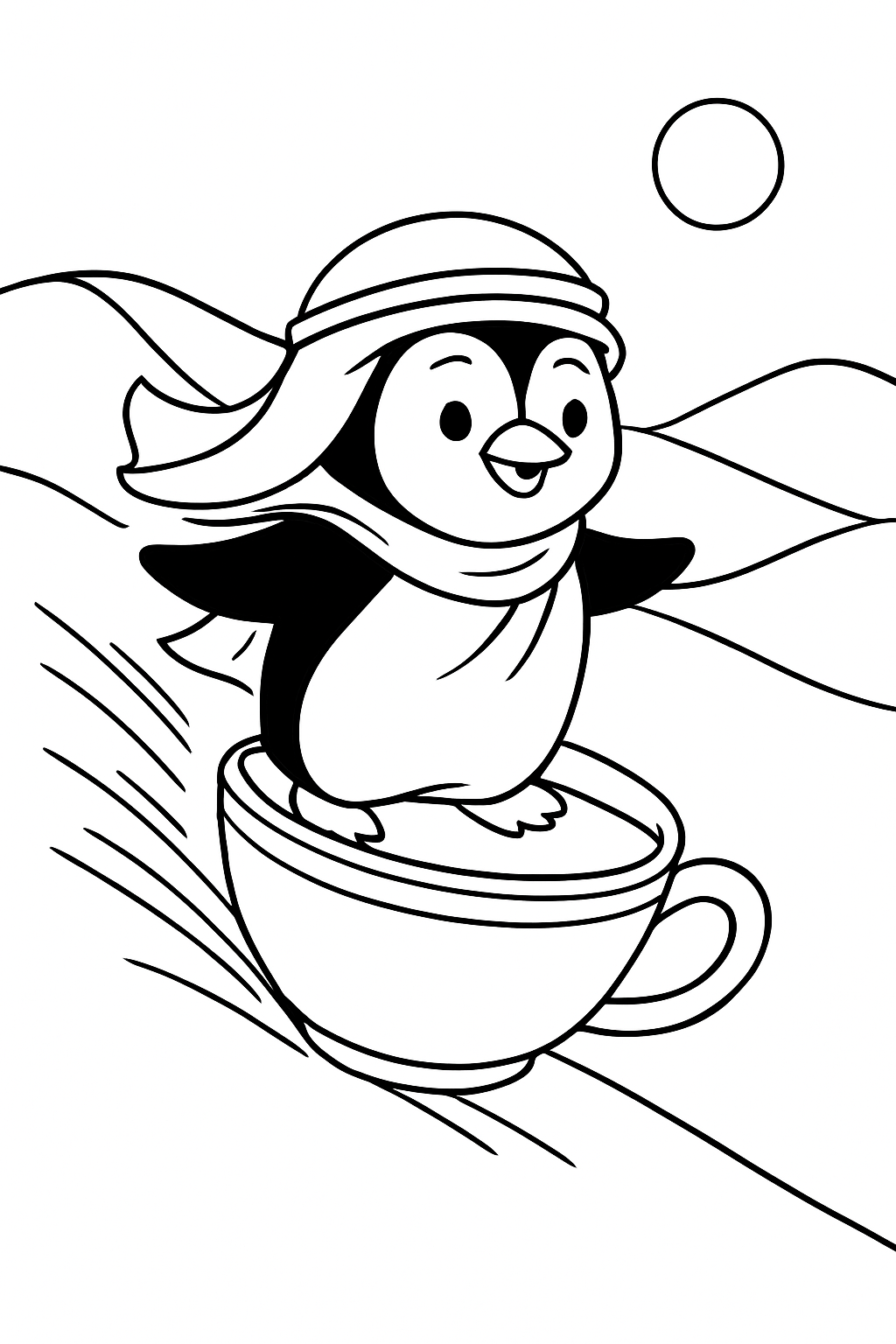 desert nomad penguin surfing dunes on teacup