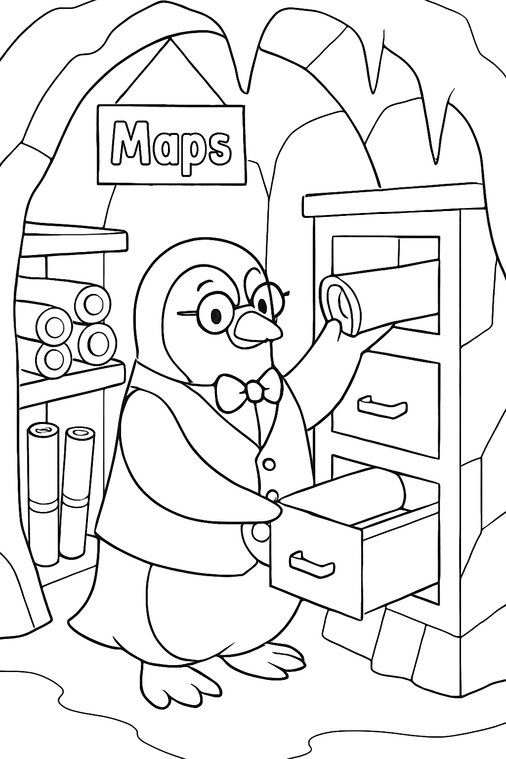 antique librarian penguin filing maps inside iceberg