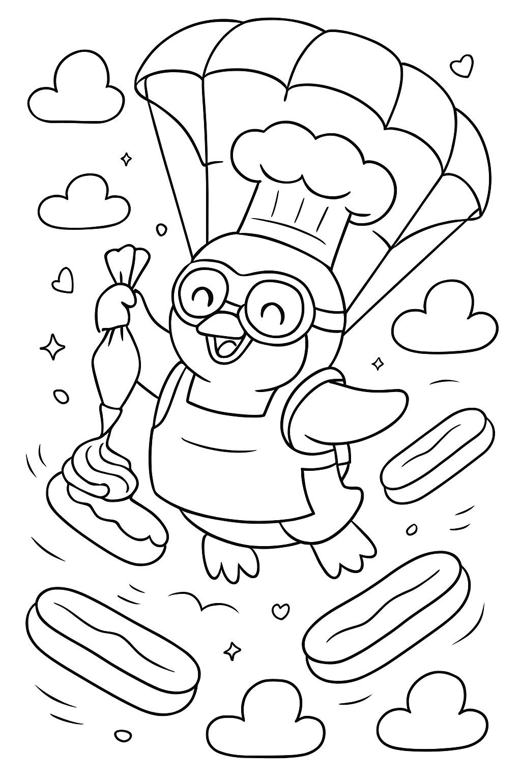 skydiving pastry chef penguin frosting drifting eclairs
