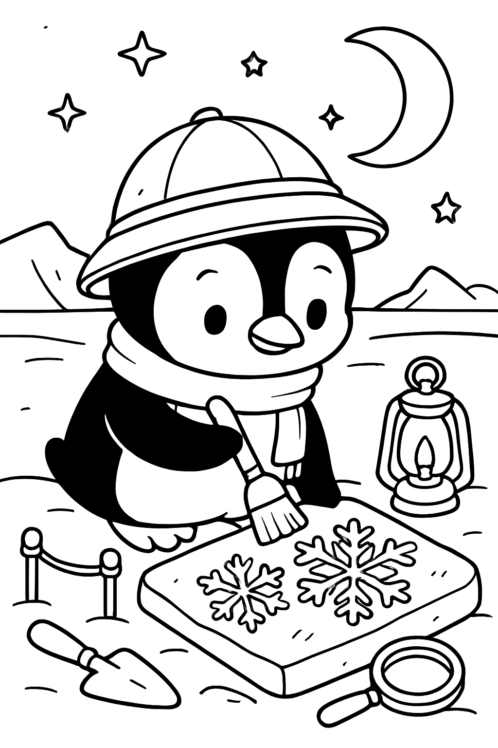 moonlit archaeologist penguin unearthing fossilized snowflakes