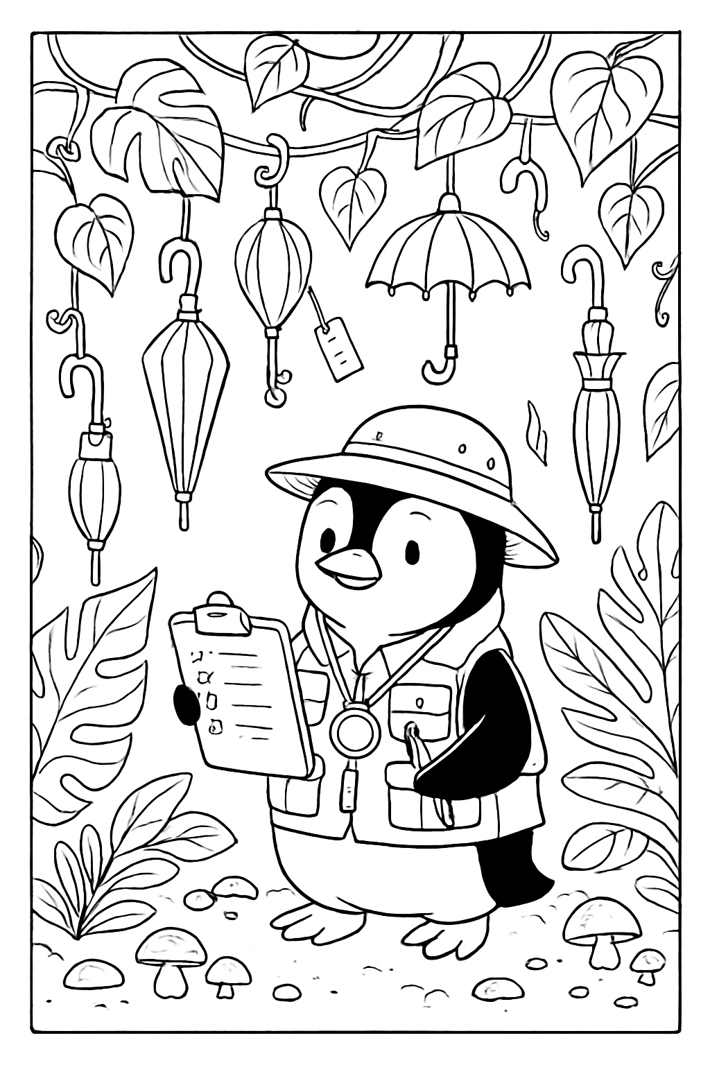 rainforest botanist penguin cataloging umbrellas on vines