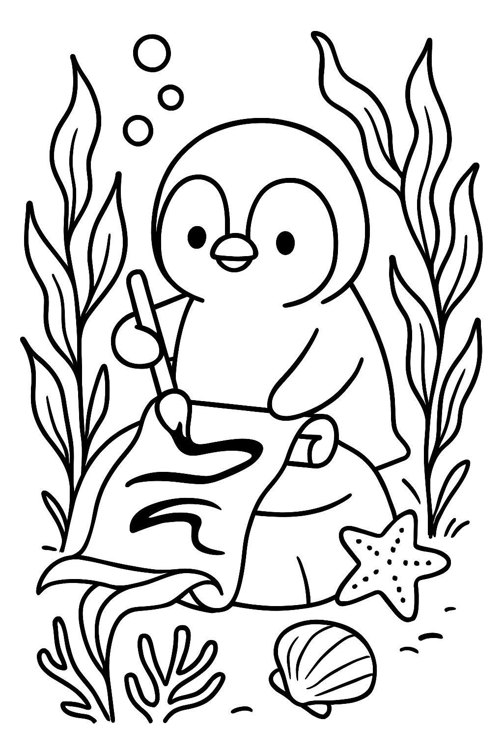 underwater calligrapher penguin ink-brushing kelp scrolls