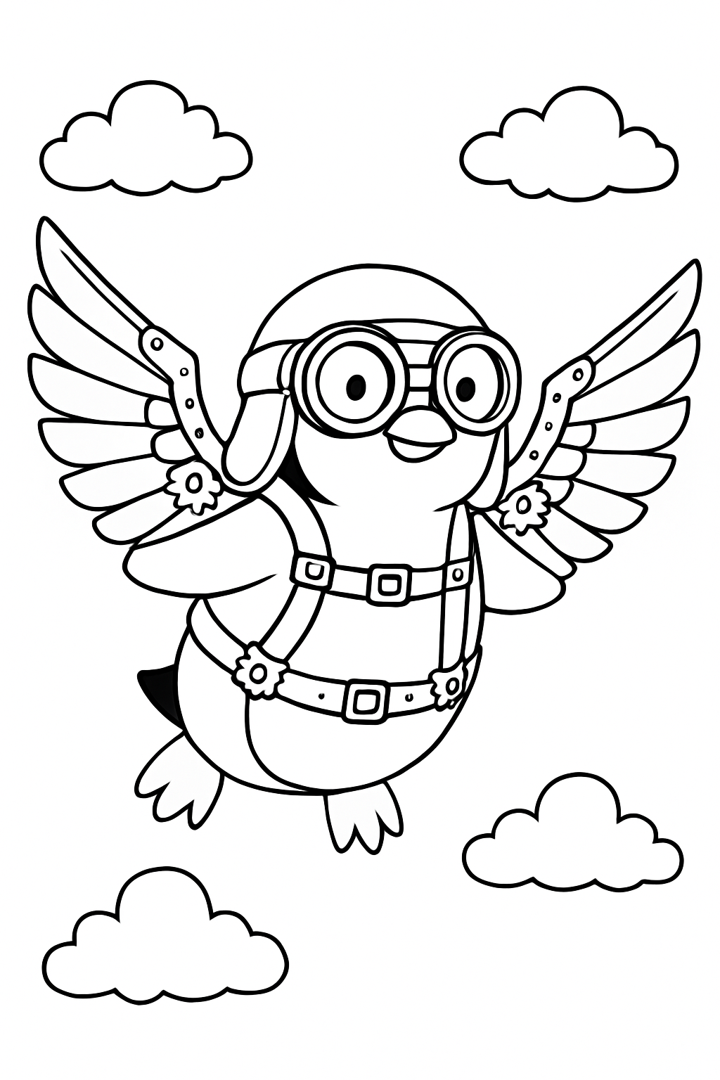 steampunk aviator penguin gliding with brass wings