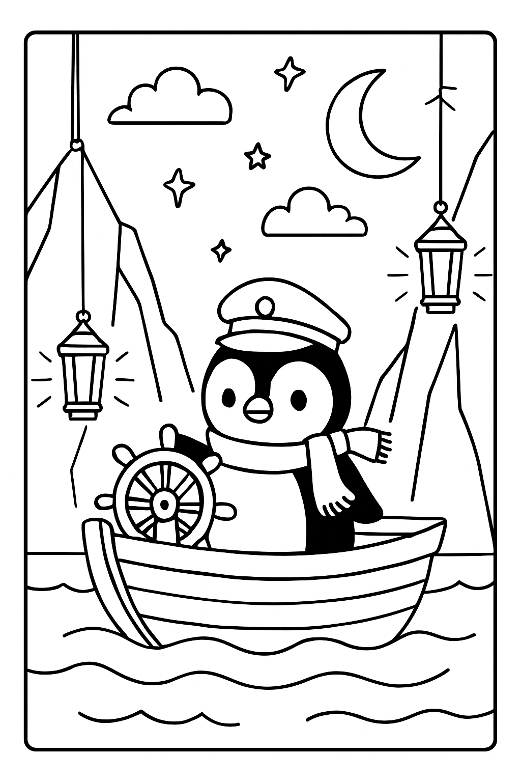 twilight mariner penguin navigating lantern-lit bergs