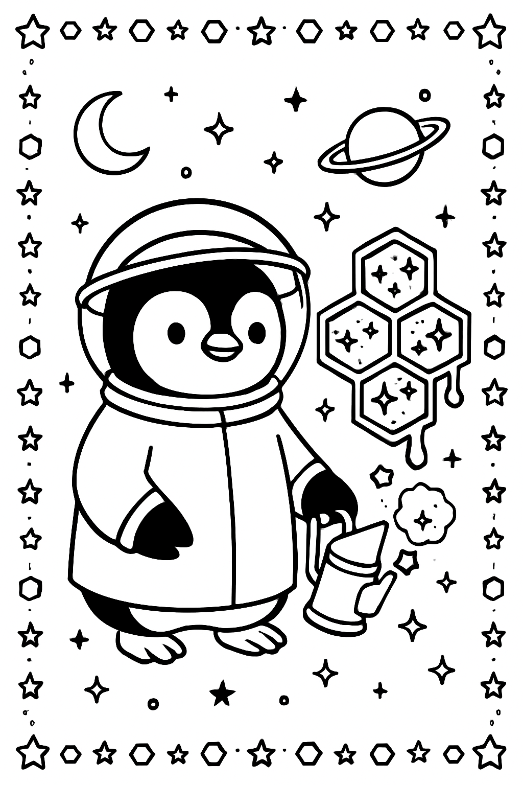 cosmic beekeeper penguin tending stardust honeycombs