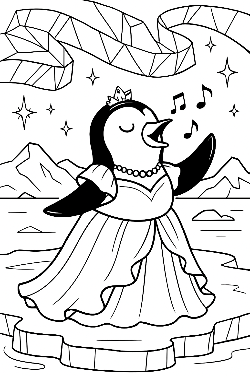 opera diva penguin rehearsing beneath crystalline aurora
