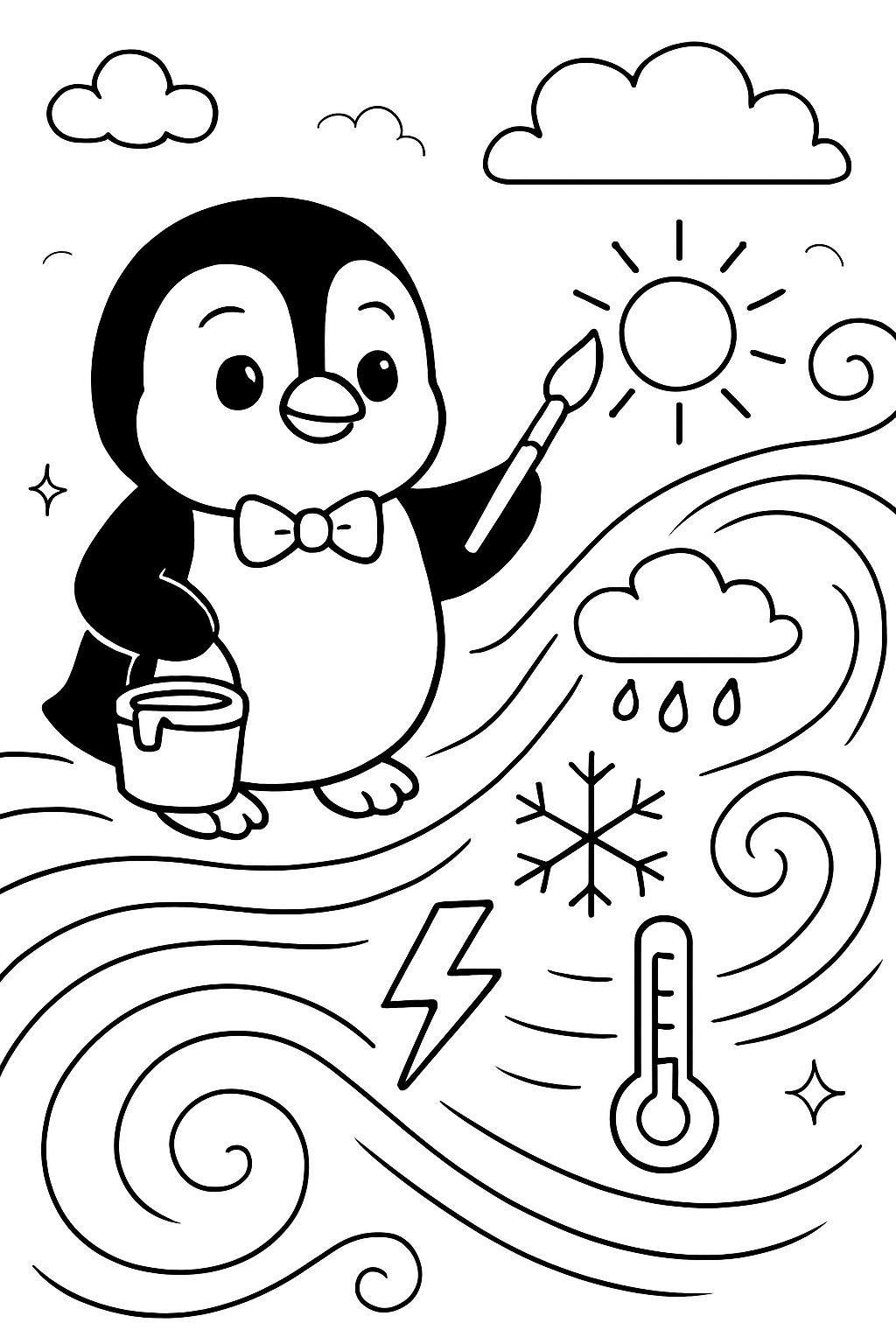 meteorologist penguin painting forecasts on wind