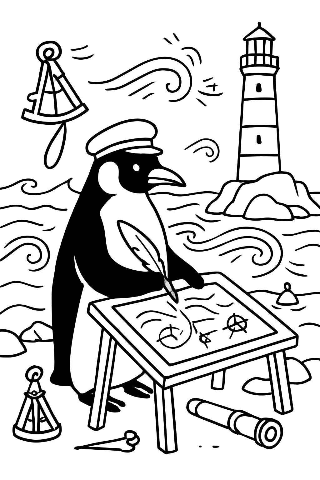lighthouse cartographer penguin charting whispering tidal currents