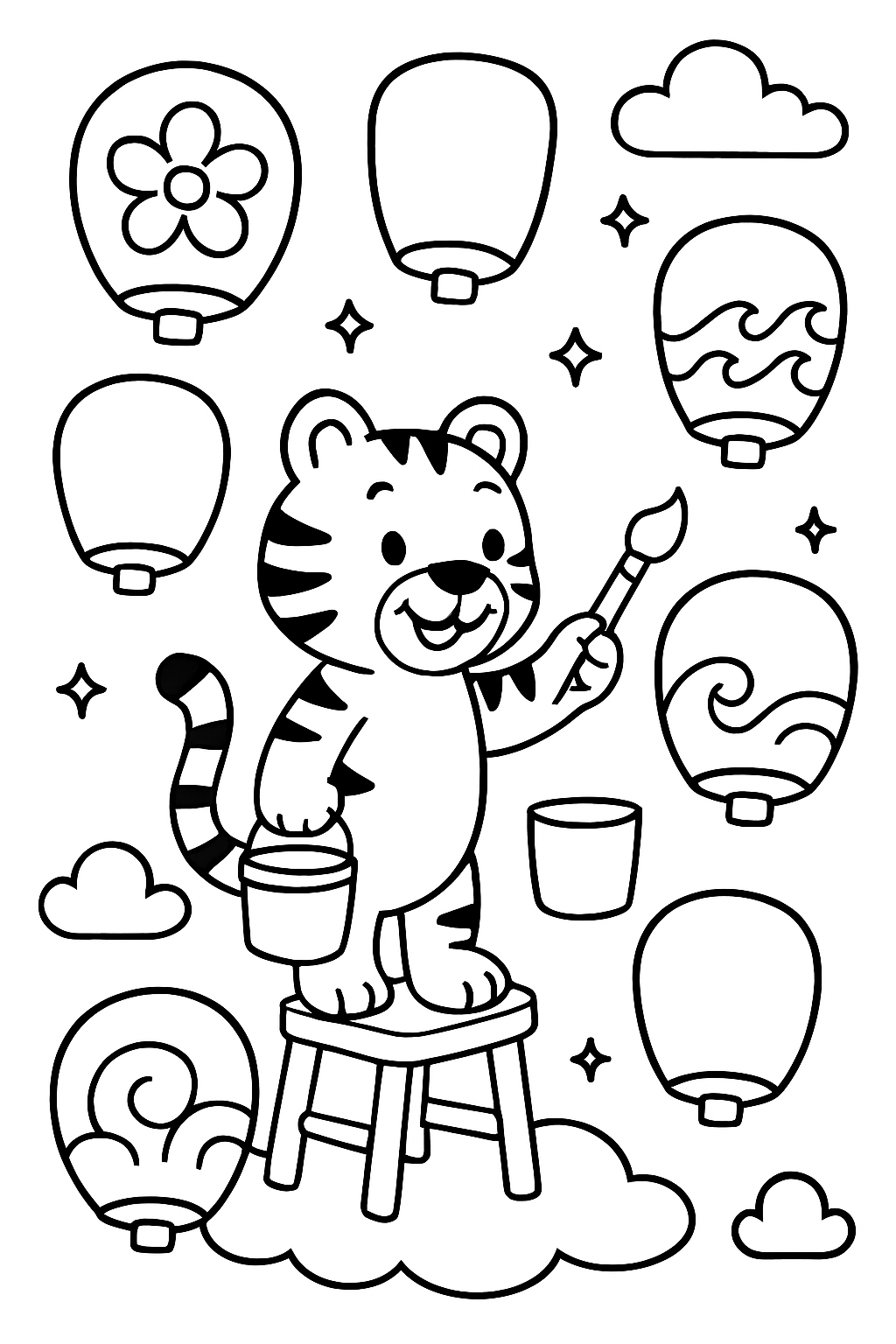 tiger painting murals on floating lanterns