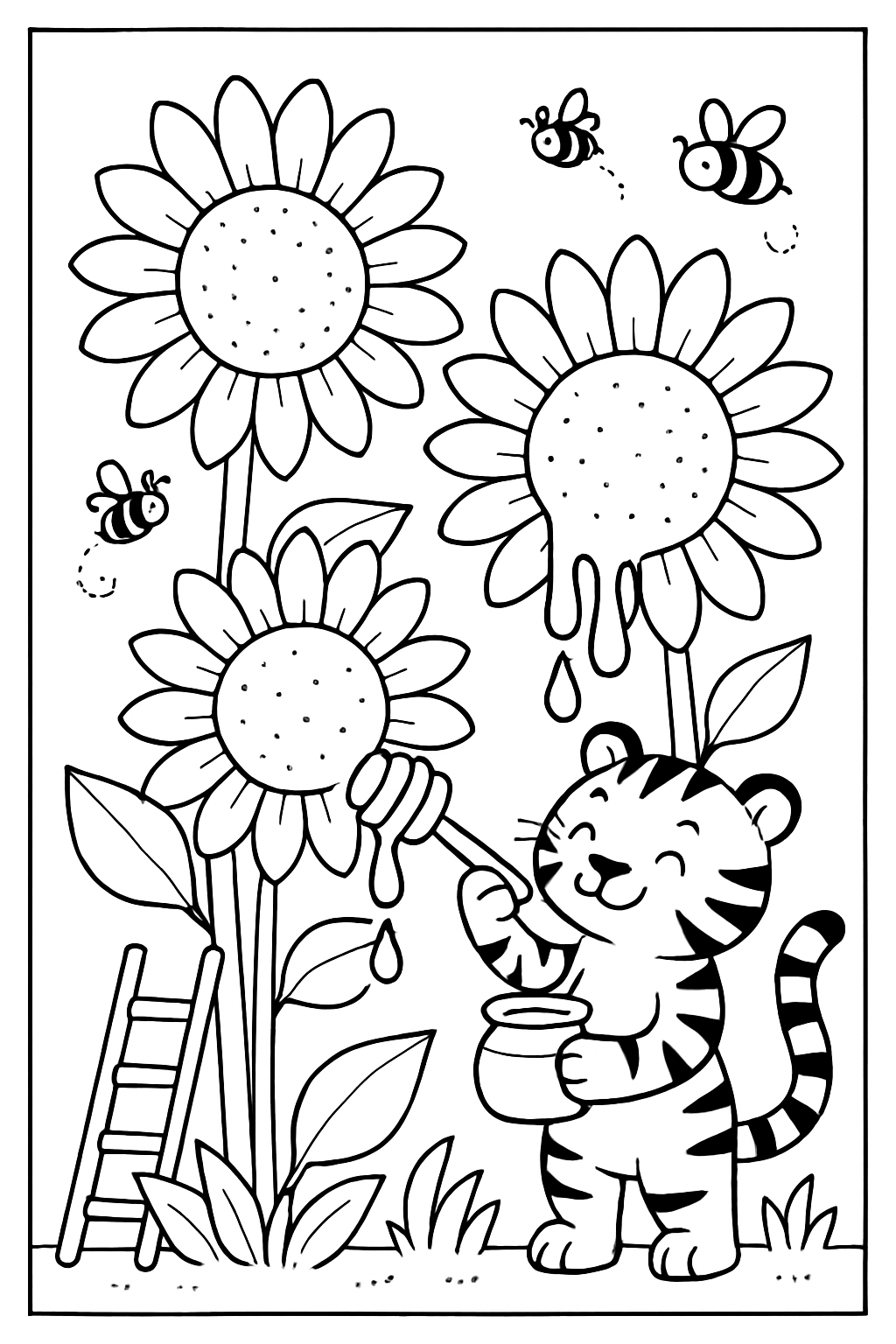 tiger harvesting honey from giant sunflowers