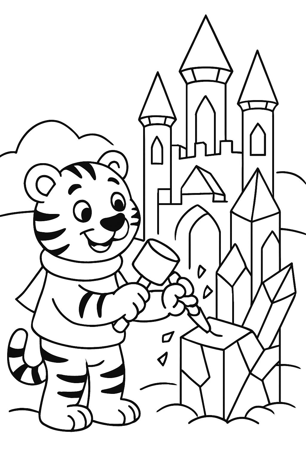 tiger sculpting ice palace with chisel