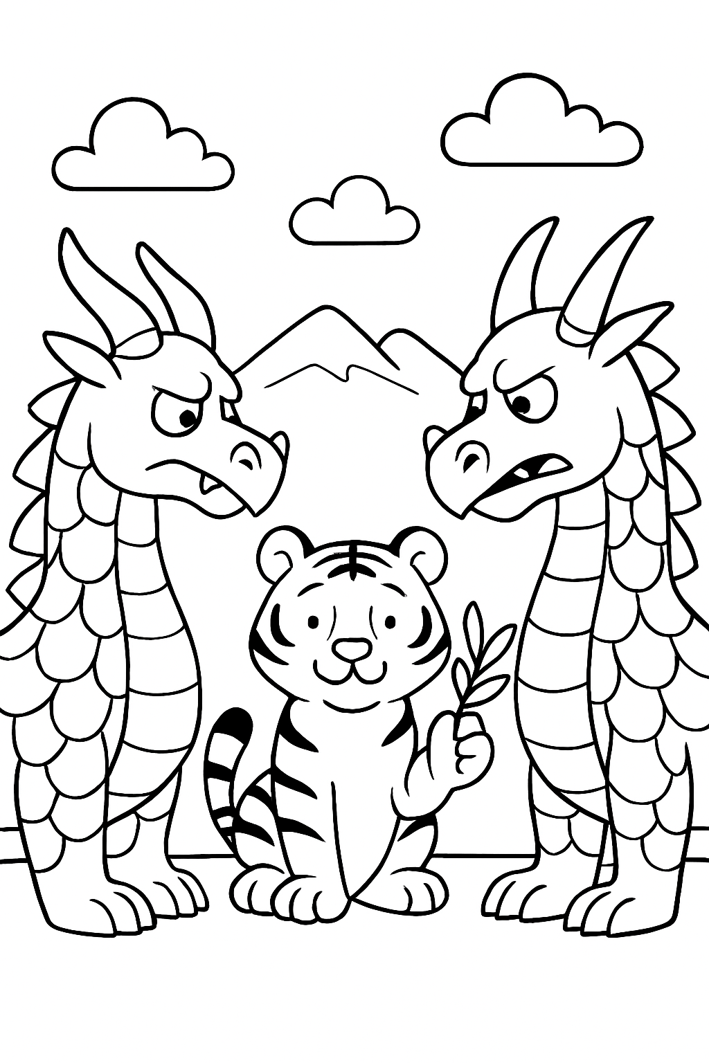 tiger negotiating peace between feuding dragons