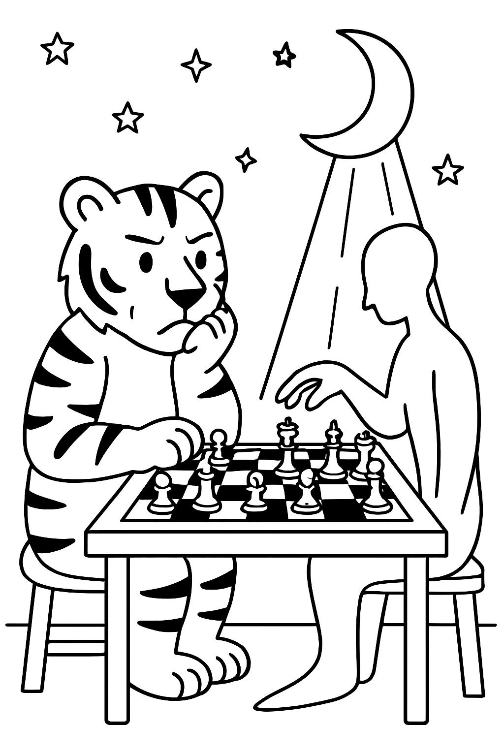 tiger strategizing chess match against moonbeam