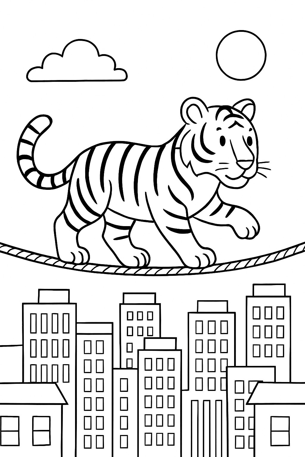 tiger balancing on tightrope above cityscape
