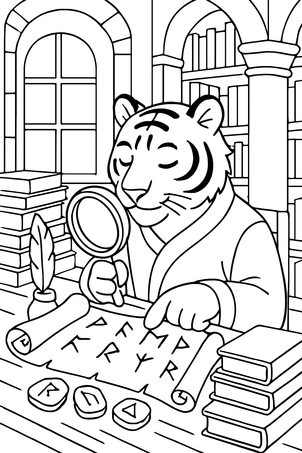 tiger deciphering runes inside ancient library
