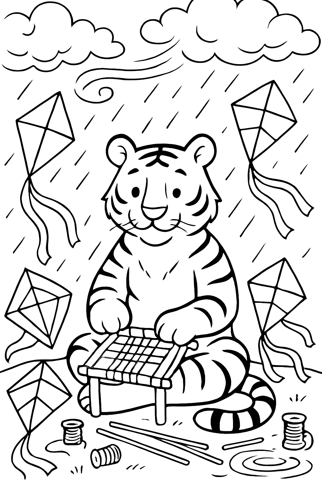 tiger weaving rainbow kites during monsoon