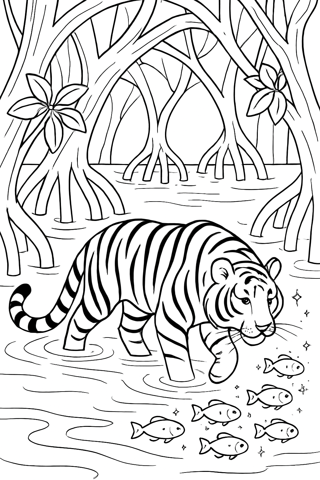 tiger herding bioluminescent fish through mangroves